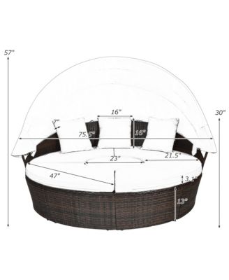 Cushioned Patio Rattan Round Daybed w/ Adjustable Table 3 Pillows