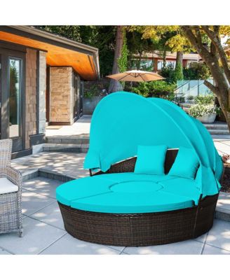 Cushioned Patio Rattan Round Daybed w/ Adjustable Table 3 Pillows