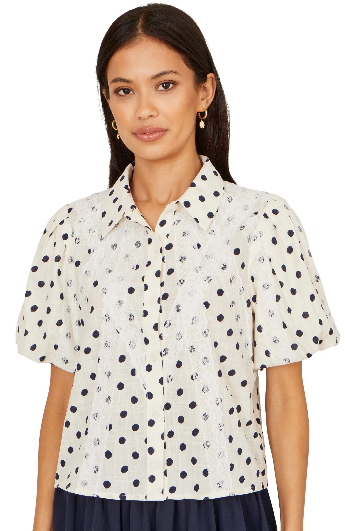 Женская рубашка Yumi Polka Dot Lace Boxy, цвет: Белый — фото 7
