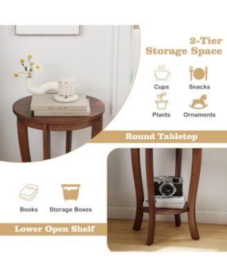 2-tier Round End Table with Solid Wood Legs