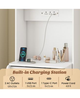 Makeup Vanity with Power Outlets and Flip-top Mirror and Storage Stool