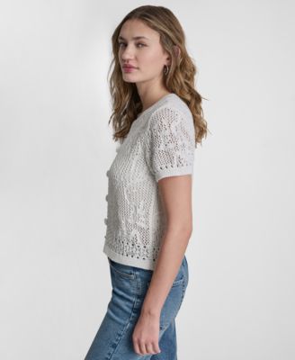 Petite Short-Sleeve Crew Neck Cardigan Sweater
