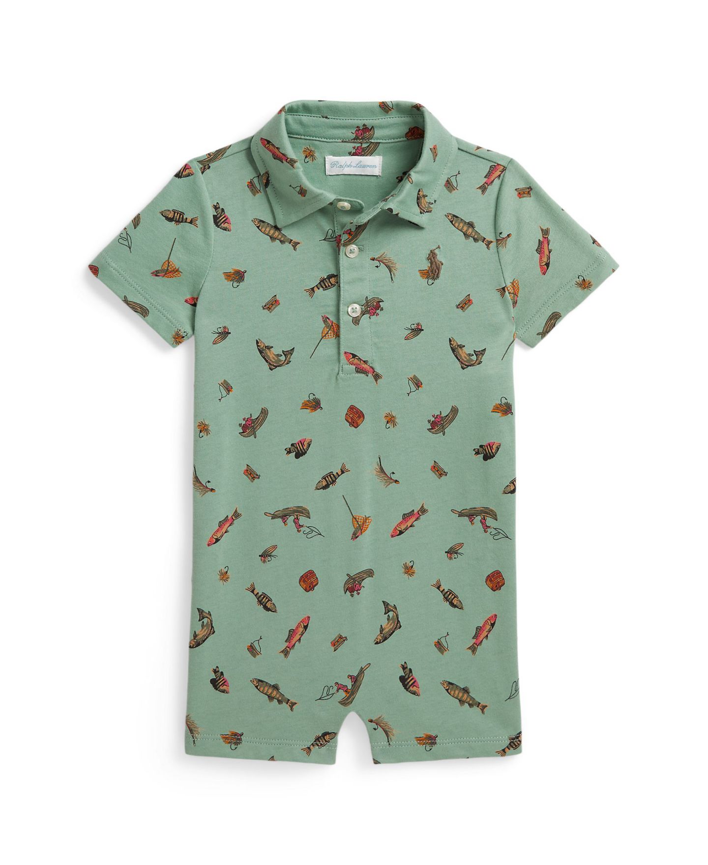 Детский короткий полукомбинезон-поло Polo Ralph Lauren с принтом рыбалки для малыша, цвет: Mini Fishing Trip — фото 1