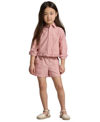 Girls' 2-6X Striped Point Collar Ruffled Shirt