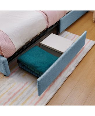 Boucle Twin Size Kids Bed Frame, Upholstered Platform Bed with 4 Storage Drawers, LED Lights and Cute Rabbit Ear Headboard for Boys Girls