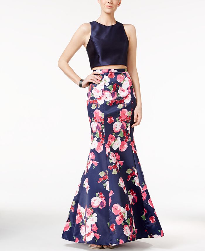 XSCAPE Two Piece Floral Print Mermaid Gown Macy s