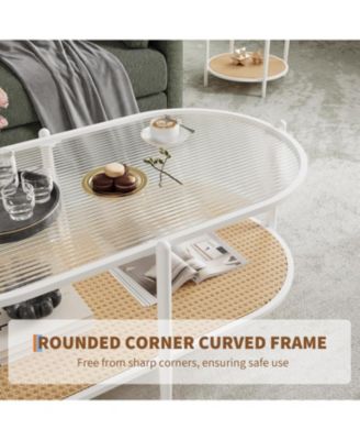 Boho Oval 2-Tier Rattan Coffee Table with Water-Wave Tempered Glass Top