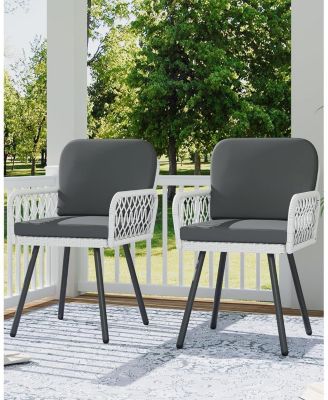 Set of 2 Patio Dining Chairs with Metal Frame and Hand-Woven Rattan, Cushioned Porch Armchairs