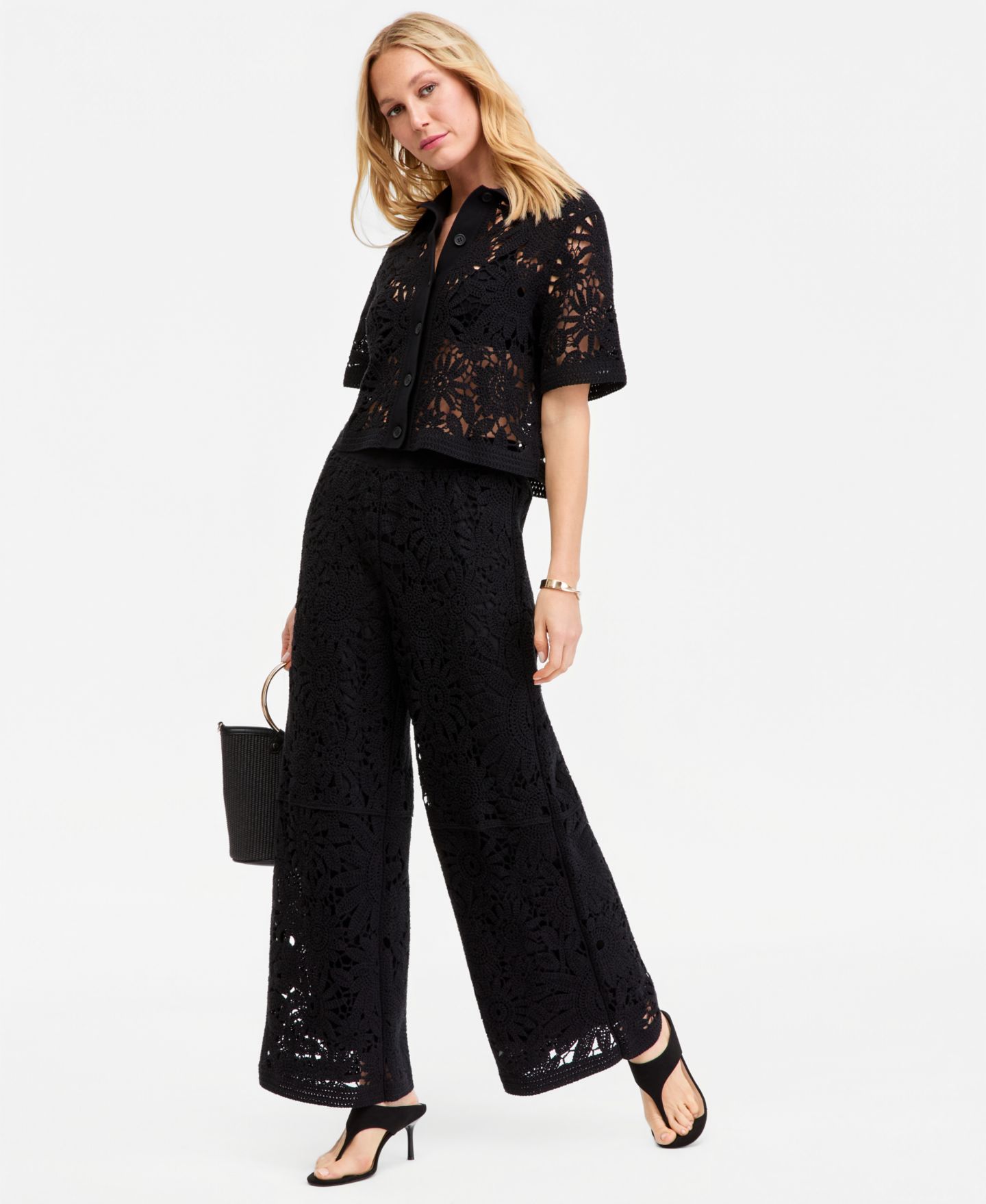 Женские брюки I.N.C. International Concepts Cotton Crochet Wide-Leg, цвет: Глубокий чёрный — фото 4