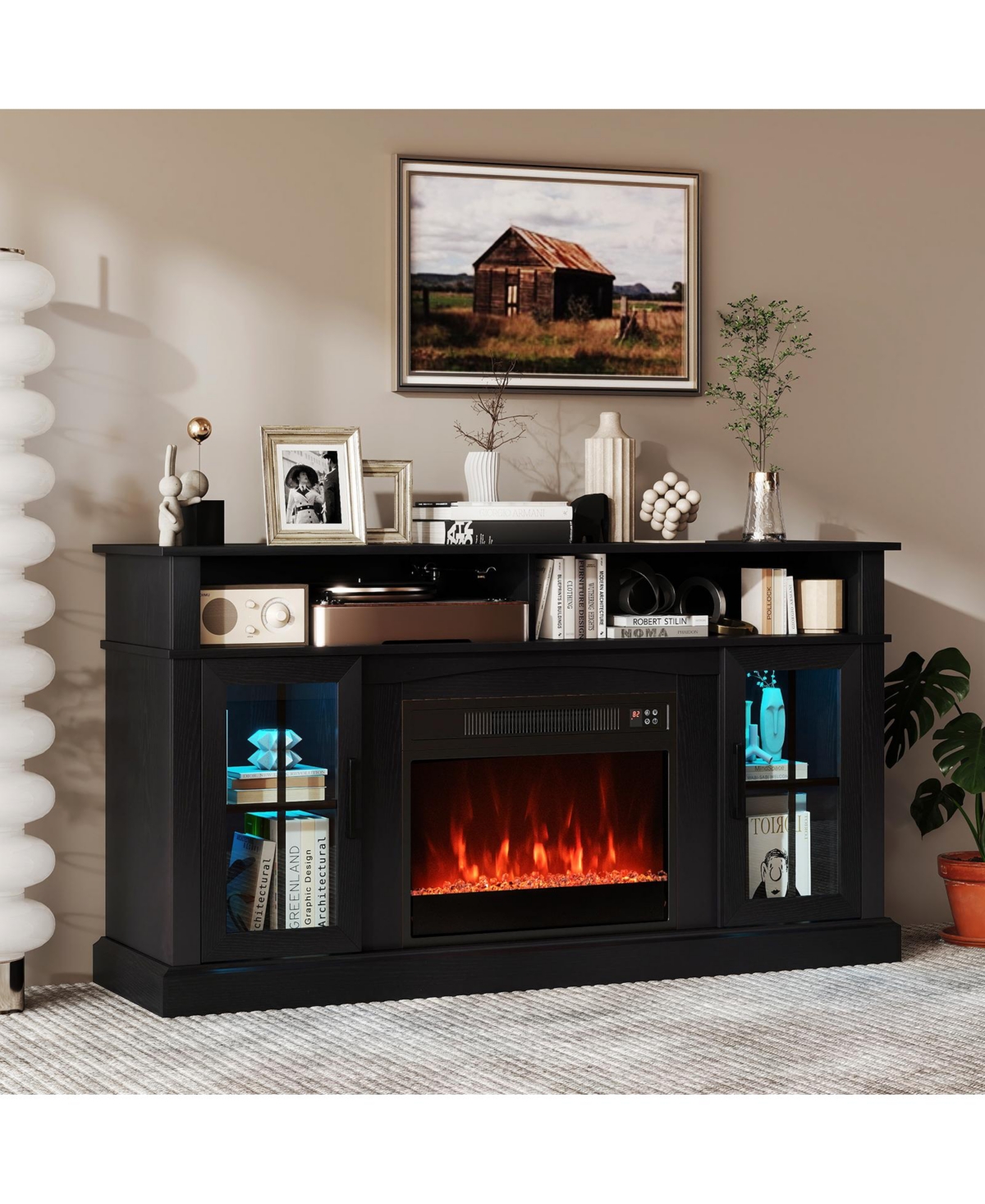 Sugift 58 in Fireplace Tv Stand with Led Lights and Glass Doors