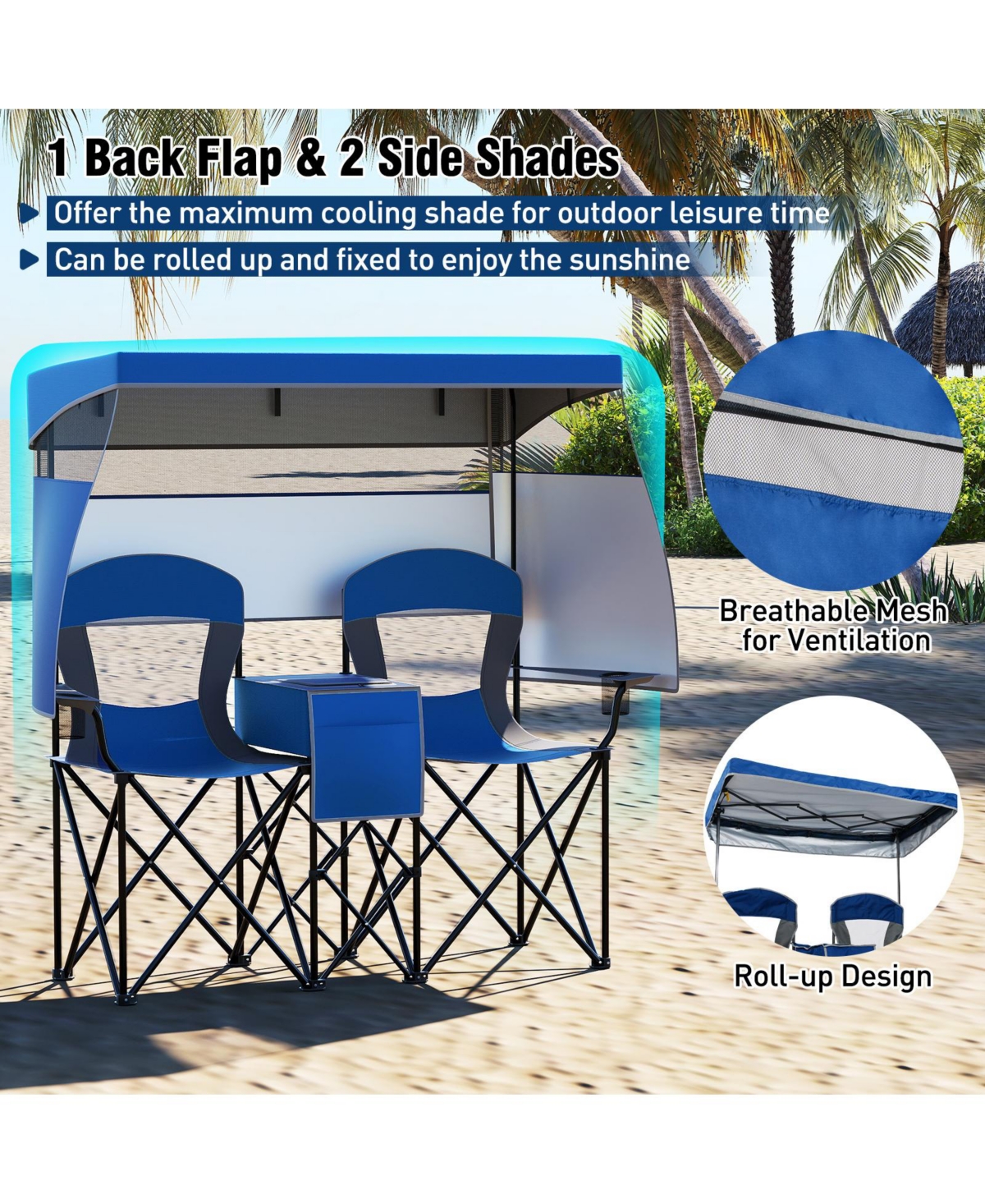 Sugift Double Beach Chair with Adjustable Canopy and Side Curtains