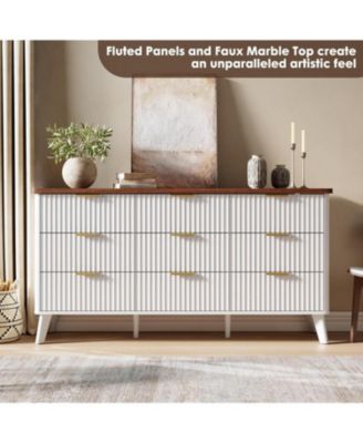 Fluted 9 Drawer Dresser Curved Profile Gold Handles