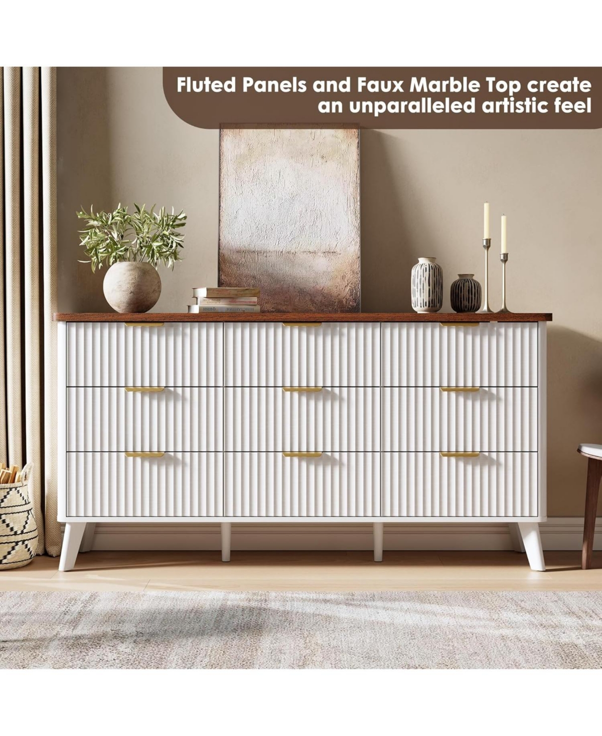 gaomon Fluted 9 Drawer Dresser Curved Profile Gold Handles