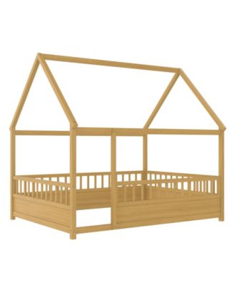 Wooden Floor Bed With House Roof Frame And Fence Guardrails Natural For Kids