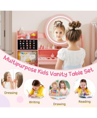 Kids Vanity Desk with Mirror and Lights Princess Pretend Play Dressing Table and Chair Set