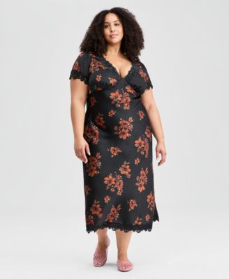 Trendy Plus Size Lace-Trim Floral Satin Midi Dress