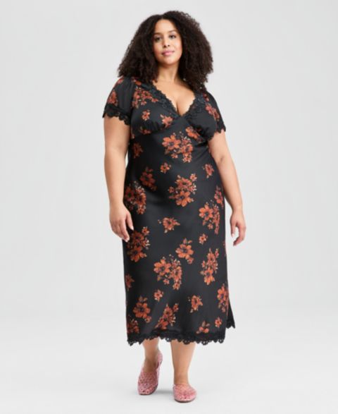 Женское платье And Now This Trendy Plus Size Lace-Trim Floral Satin Midi, цвет: Чёрный