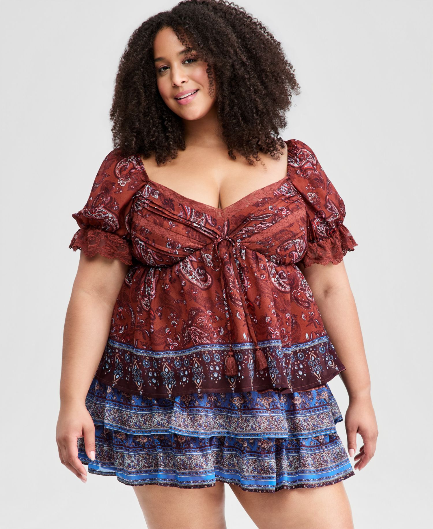 Trendy Plus Size Paisley Tiered Mini Skirt