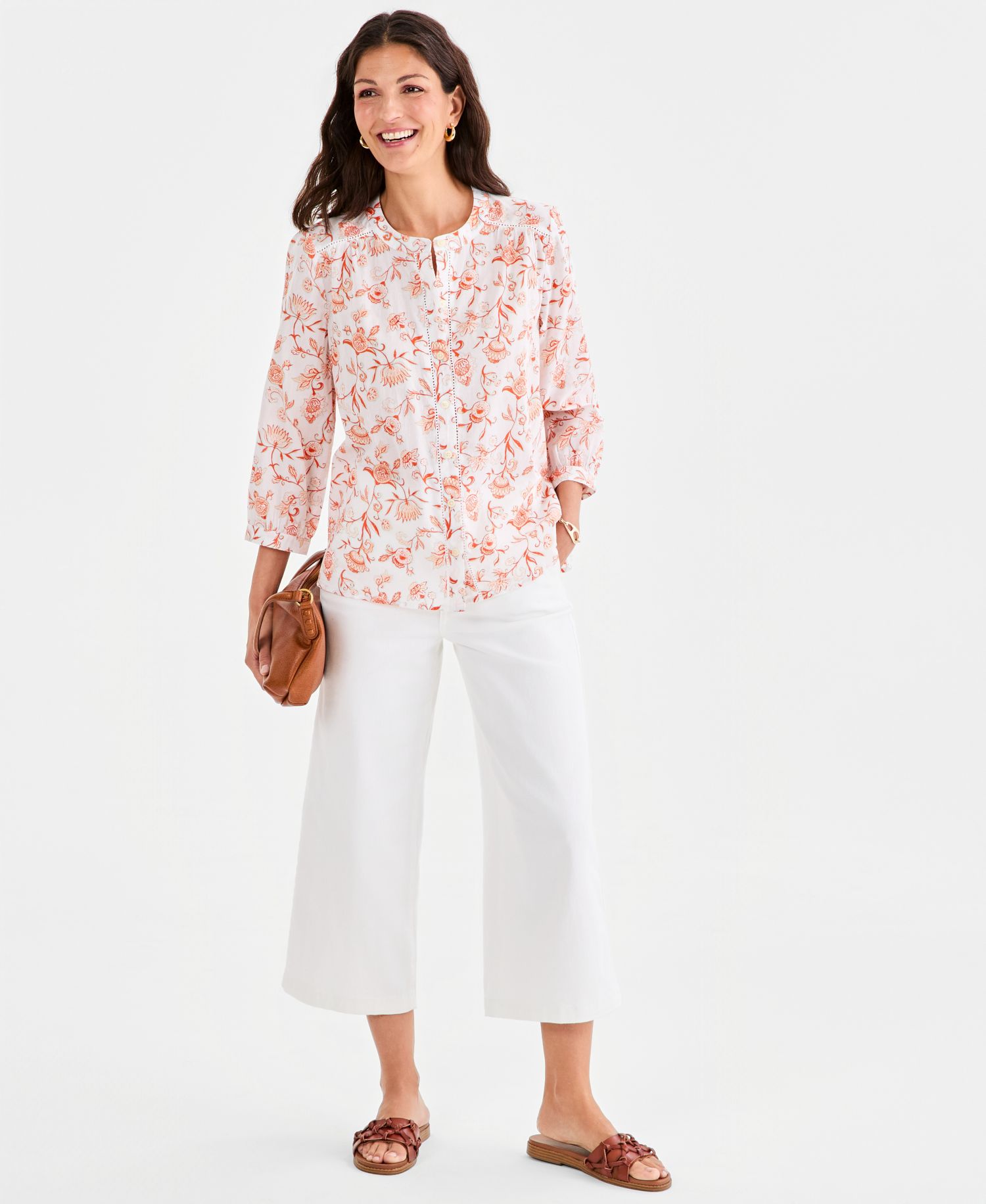 Women's Cotton Button-Front 3/4-Sleeve Top