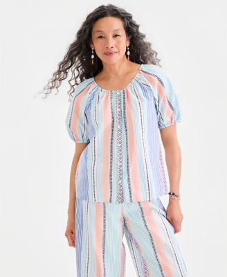 Women's Cotton Button-Front Puff-Sleeve Top