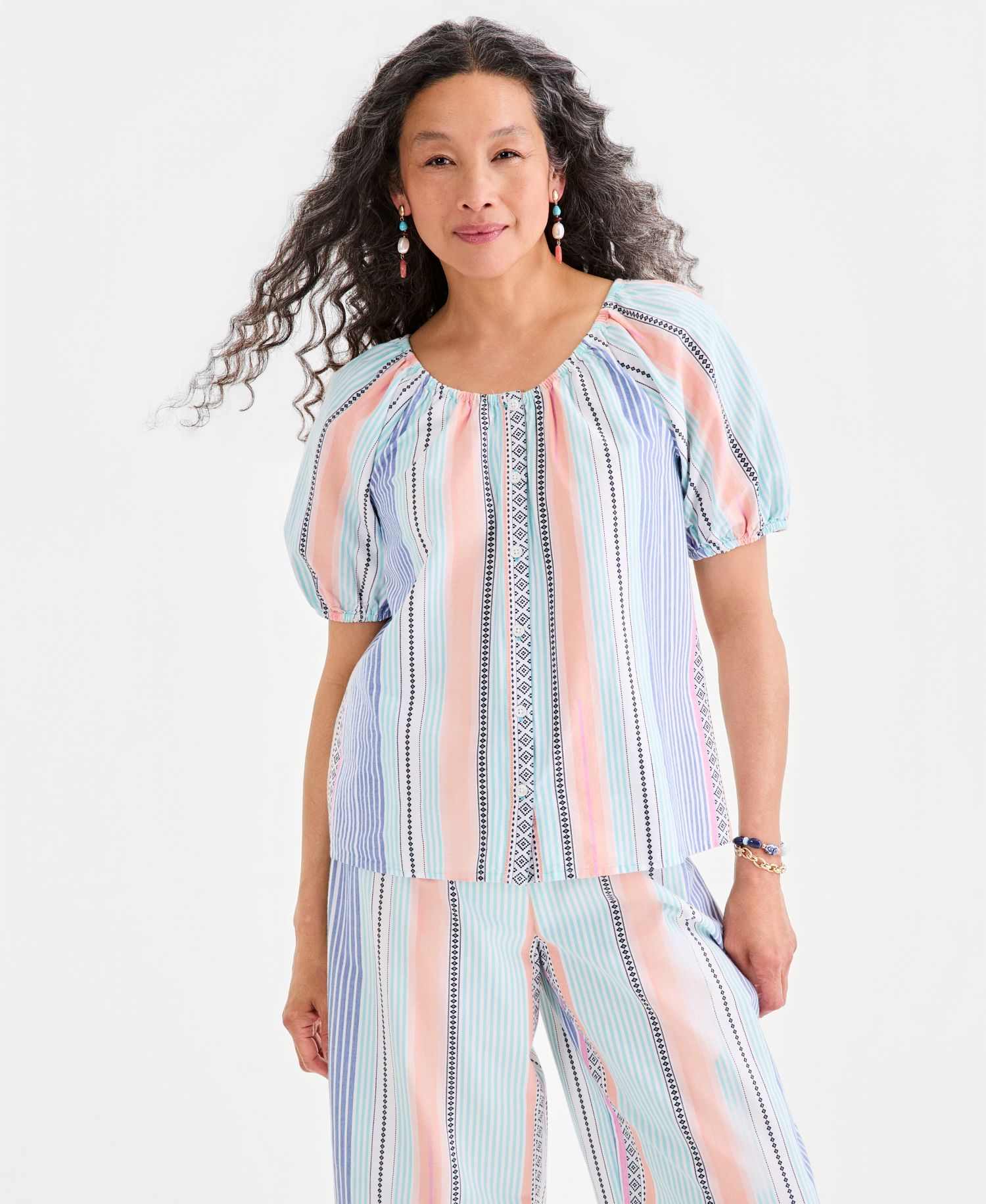 Women's Cotton Button-Front Puff-Sleeve Top