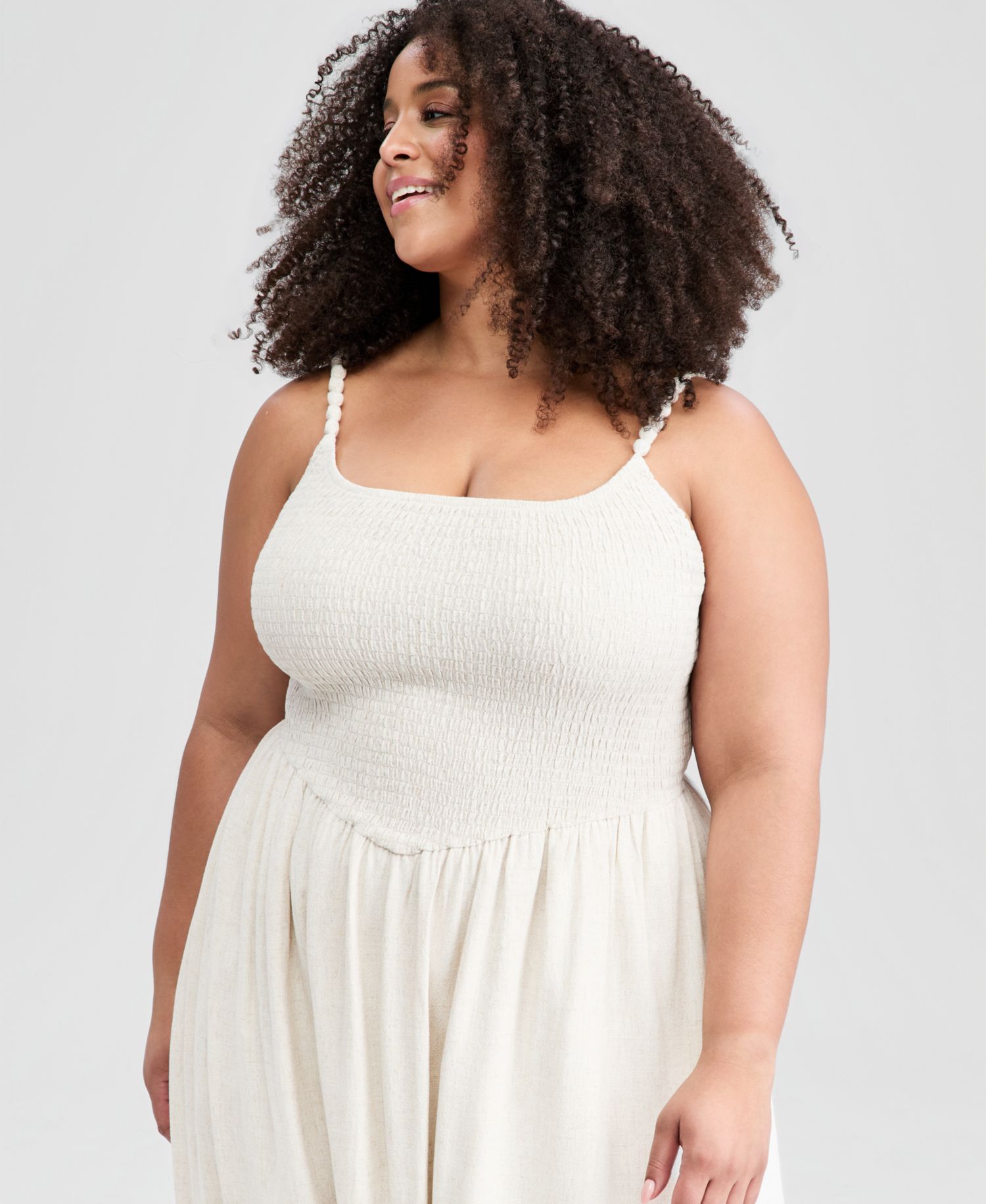 Petite Linen-Blend Beaded Strap Smocked Midi Dress