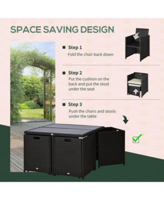 9 Piece Patio Wicker Dining Sets, Space Saving Outdoor Sectional Conversation Set, with Dining Table, Ottoman and Chair & Cushioned for Lawn Garden Backyard, Black