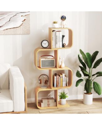 4 Tier Wicker S-Shaped Bookcase with Open Cubes Organizer Shelf