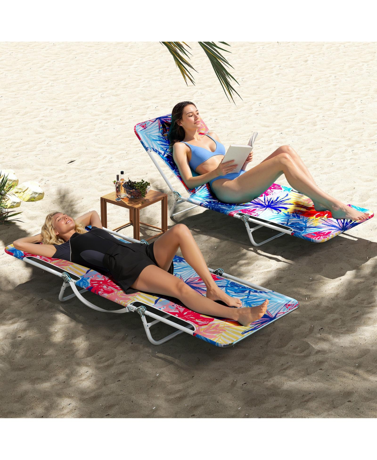 Sugift Two Piece Lay Flat Beach Recliner Chairs with Carry Strap