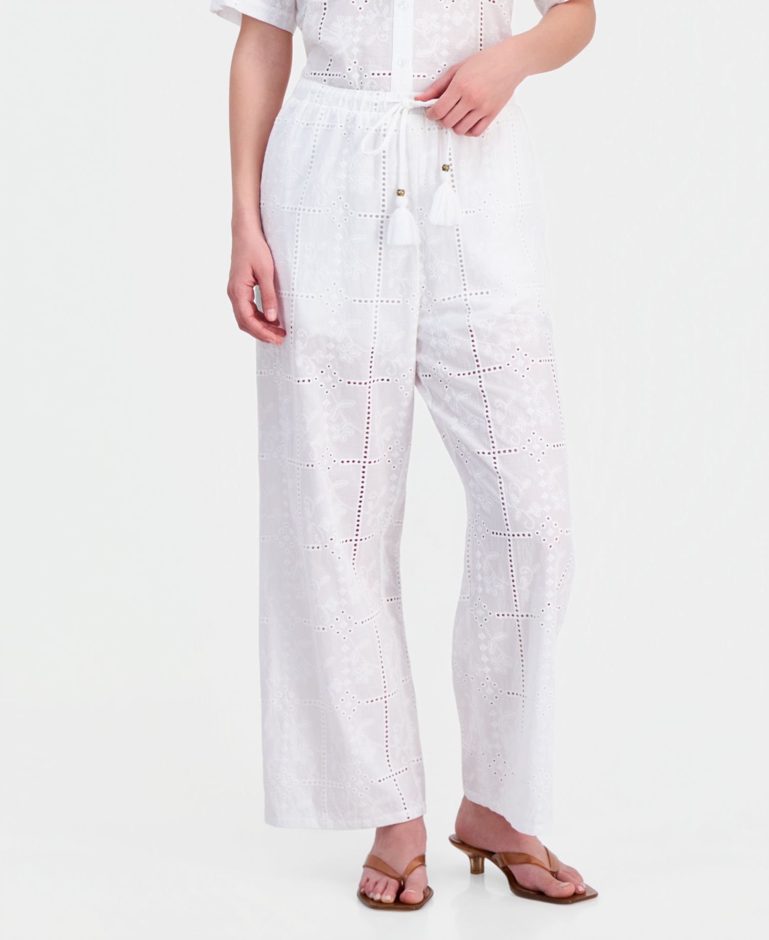 Petite Cotton Embroidered Eyelet Wide-Leg Pants
