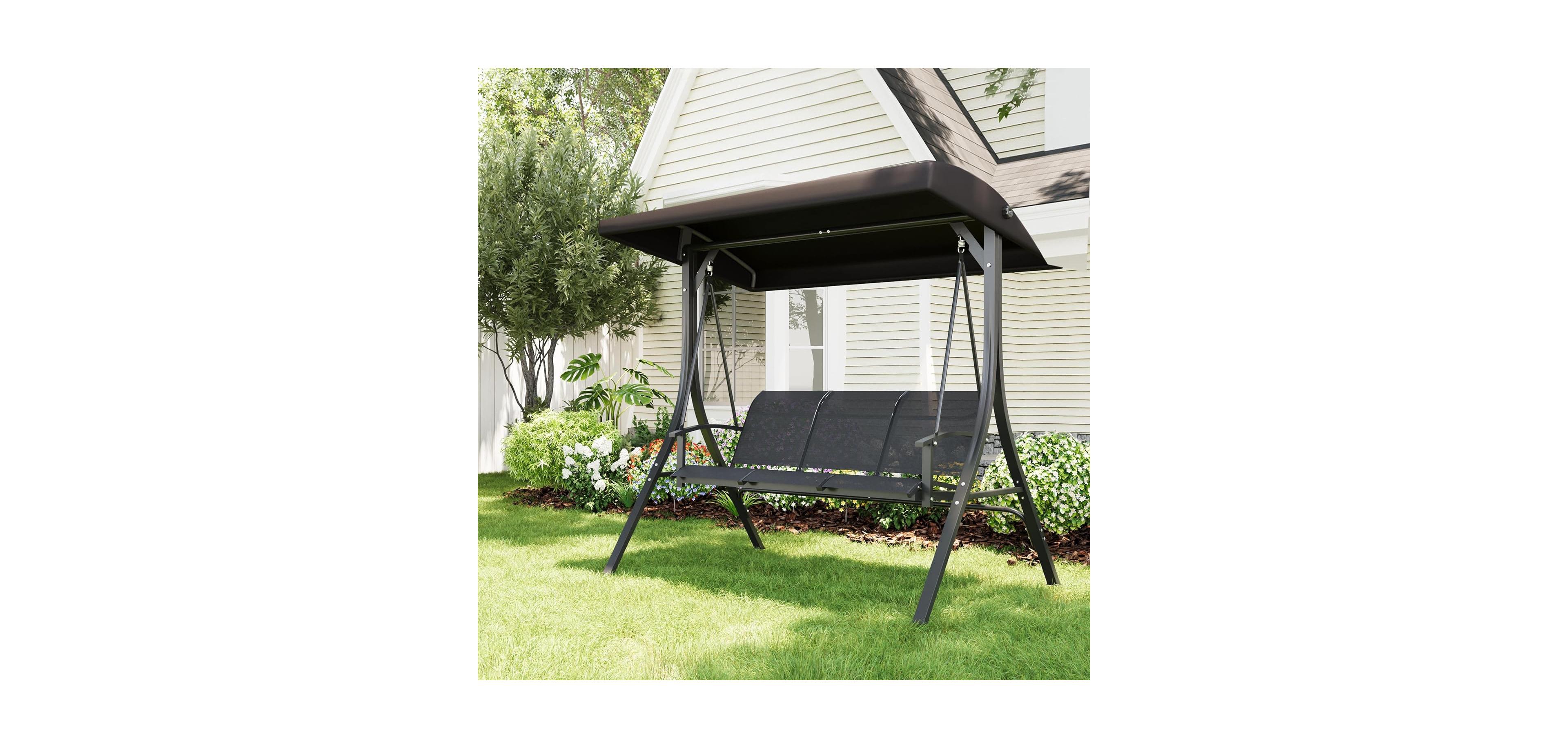 gaomon 3-Seat Porch Swing Chair, Outdoor Patio Hanging Swing with Adjustable Canopy and Armrests, Breathable Textilene Fabric Seat and Backrest
