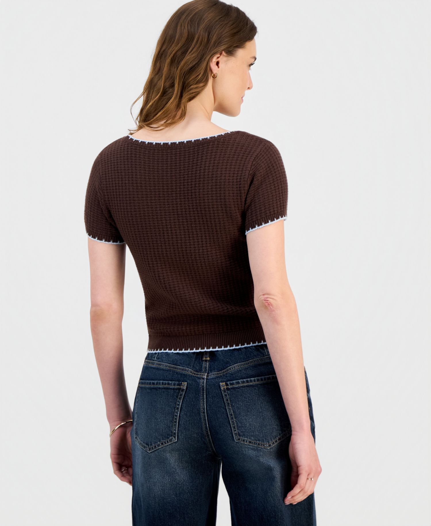Juniors' Waffle-Knit Short-Sleeve Sweater