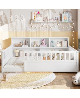 Full Size Montessori Floor Bed Frame, Low Profile Wooden Bed with Bookcase Storage and Safety Guardrails for Boys and Girls