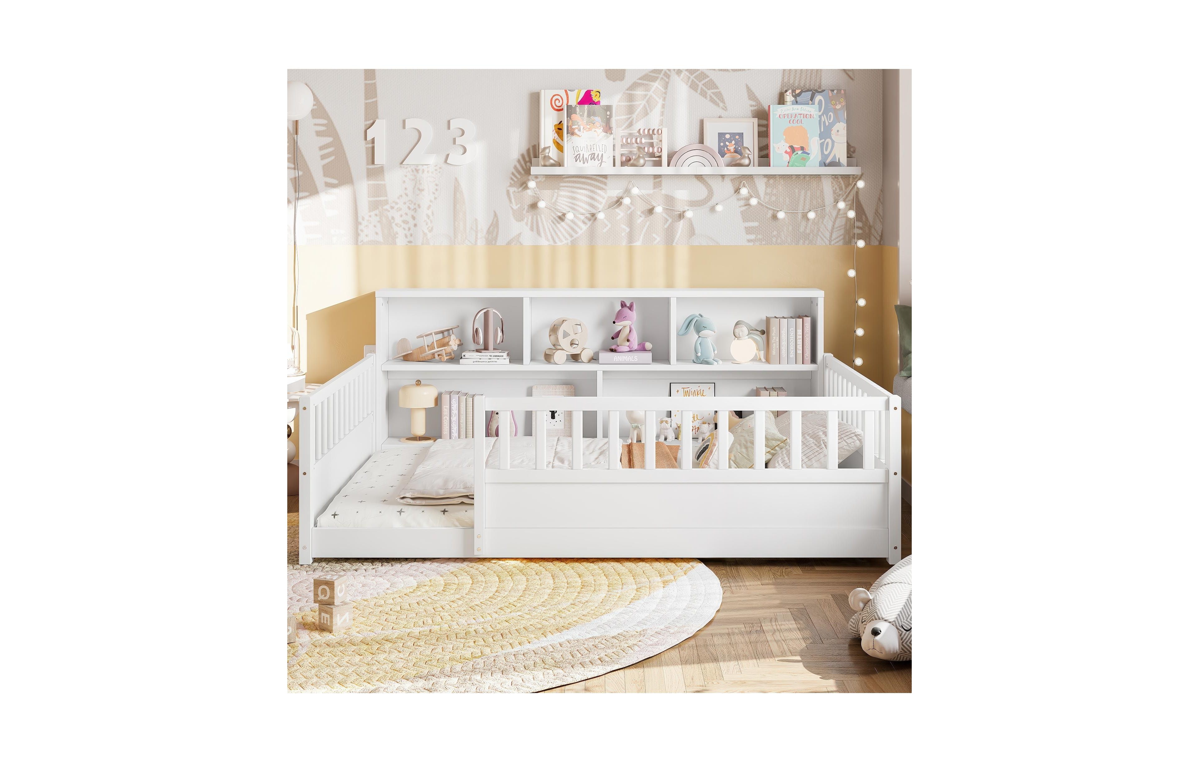 Rainsken Full Size Montessori Floor Bed Frame, Low Profile Wooden Bed with Bookcase Storage and Safety Guardrails for Boys and Girls