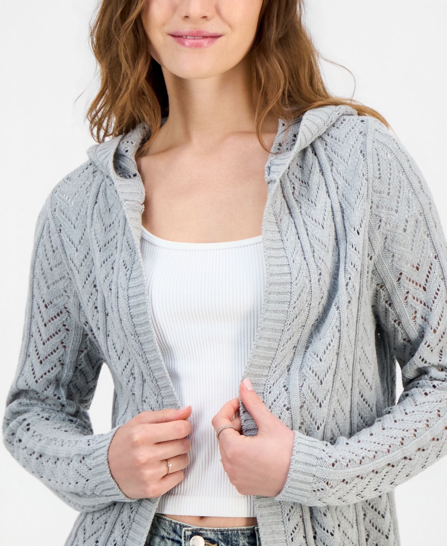 Женский кардиган Hippie Rose Juniors' Open-Front Pointelle-Knit Hooded, цвет: Серый — фото 3
