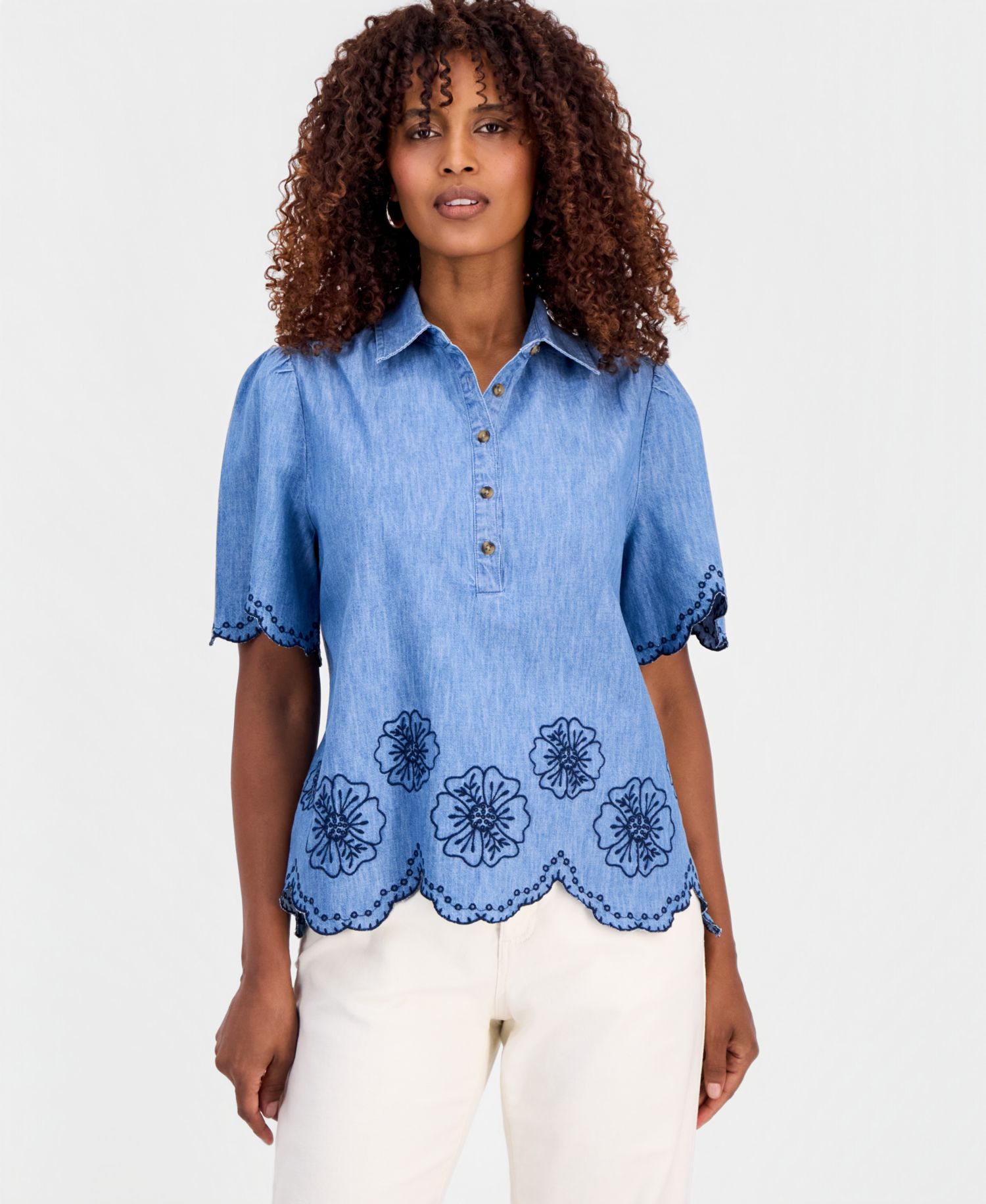 Women's Cotton Chambray Embroidered-Trim Shirt