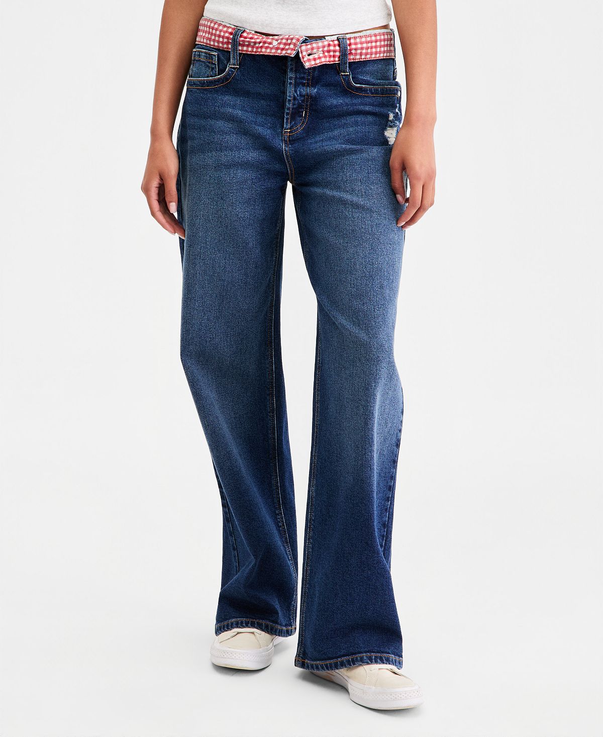 Celebrity Pink Juniors' Gingham Foldover-Waist Denim Jeans view 6 — MAYCSS fashion products