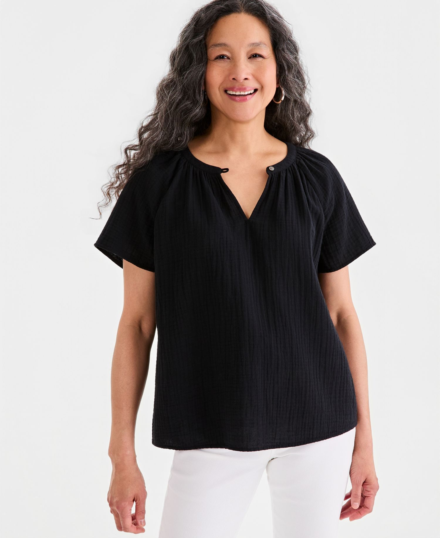 Petite Cotton Gauze Flutter-Sleeve Top