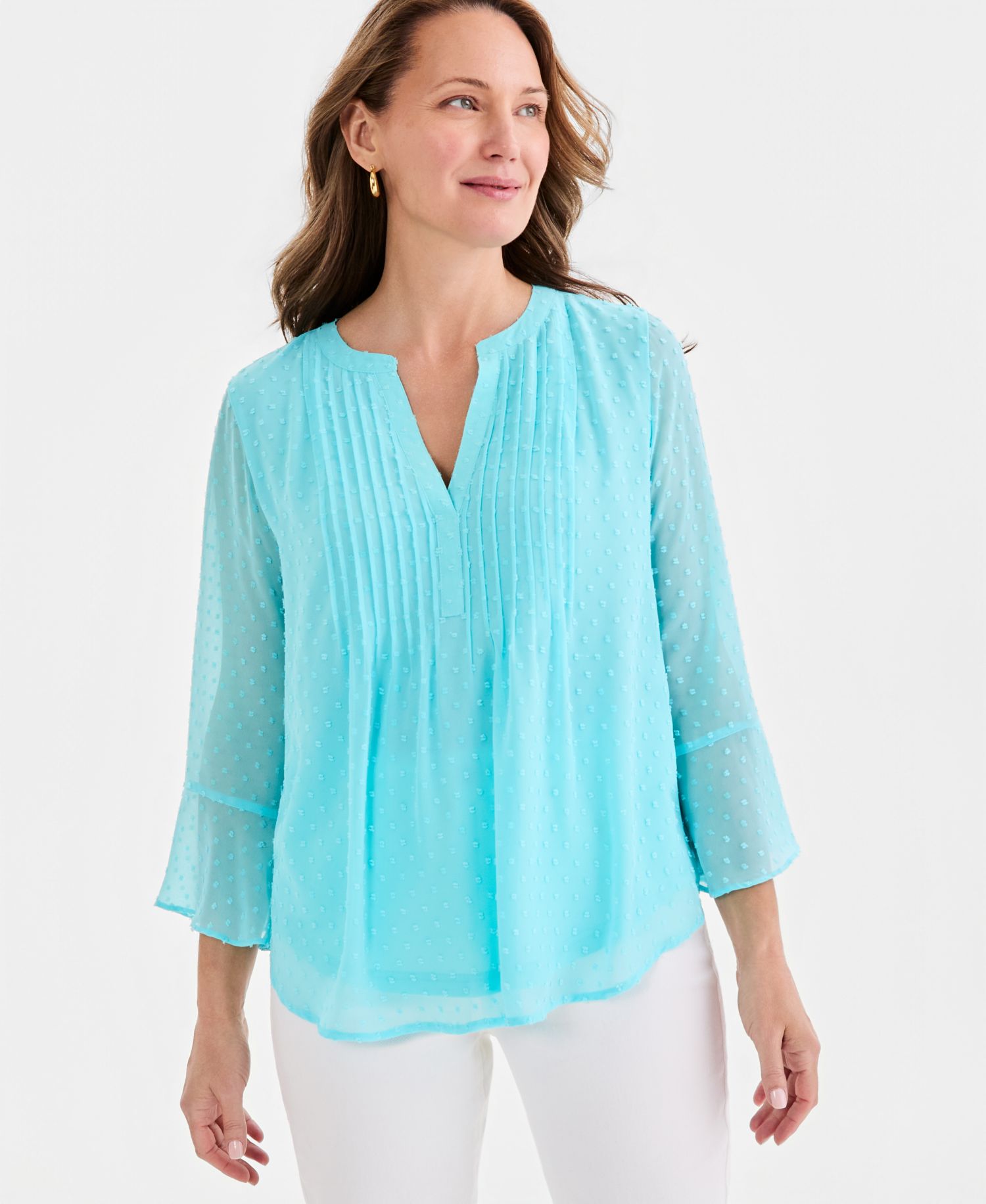 Women's Petite Textured Pintuck Ruffle Sleeve Top