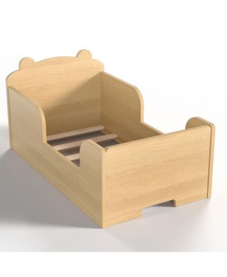 Low-Profile Twin Size Kids Floor Bed Frame, Wooden Platform Bed with Safety Rails and Bear Shape Headboard for Boys and Girls Ages 3-6