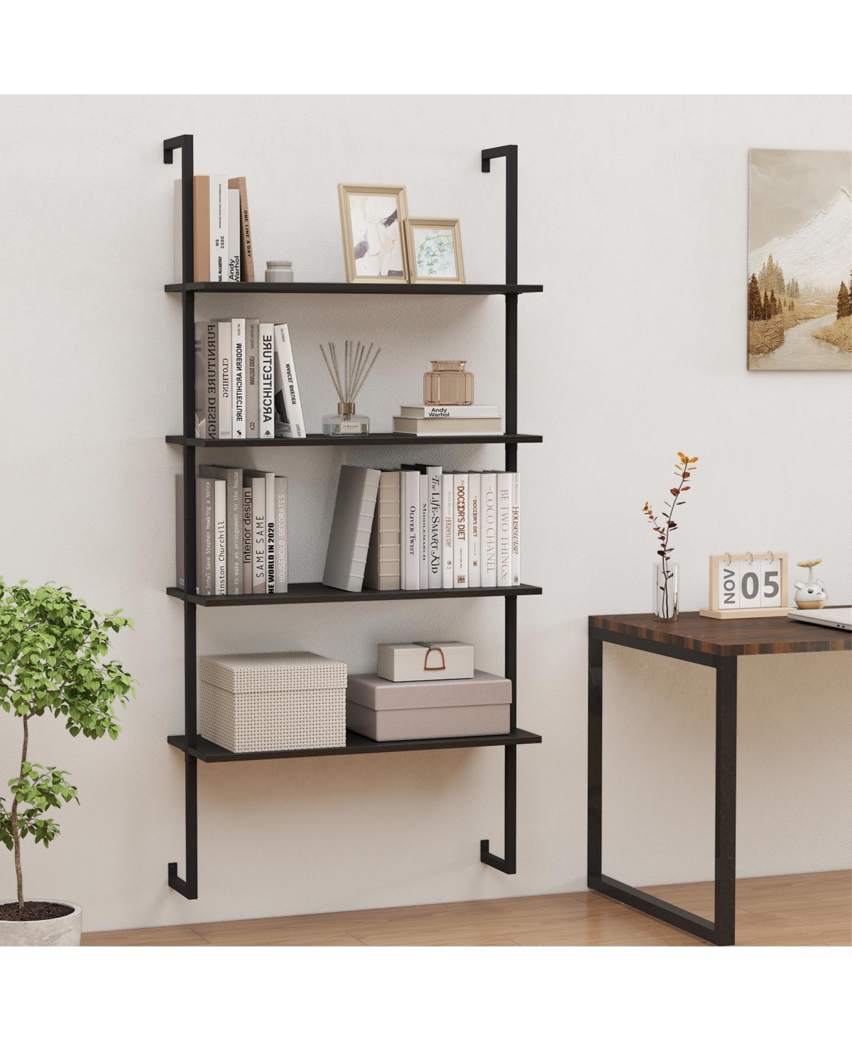 Slickblue 4-Tier Ladder Shelf Open Wall Mounted Bookcase with Wooden Boards and Metal Frame