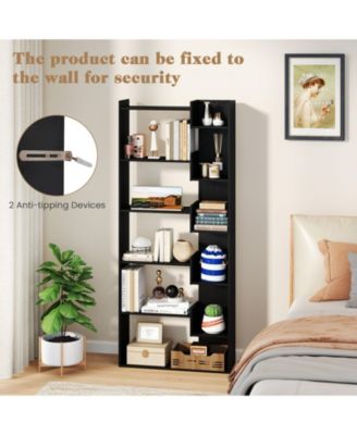 6-Tier Bookshelf Wooden Bookcase with 2 Anti-Tipping Kits Open Display