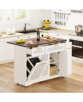 Rattan Rolling Kitchen Island Table on Wheels with Drop Leaf, Tilt Out Trash Can Cabinet with 2 Door, Storage Cabinet, 2 Drawer, Spice Rack