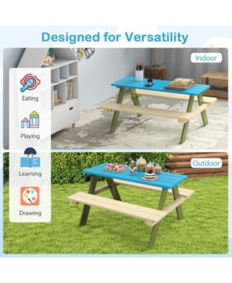 Kids Wooden Picnic Table Set Toddler Activity and Dining Table with Built-in Benches