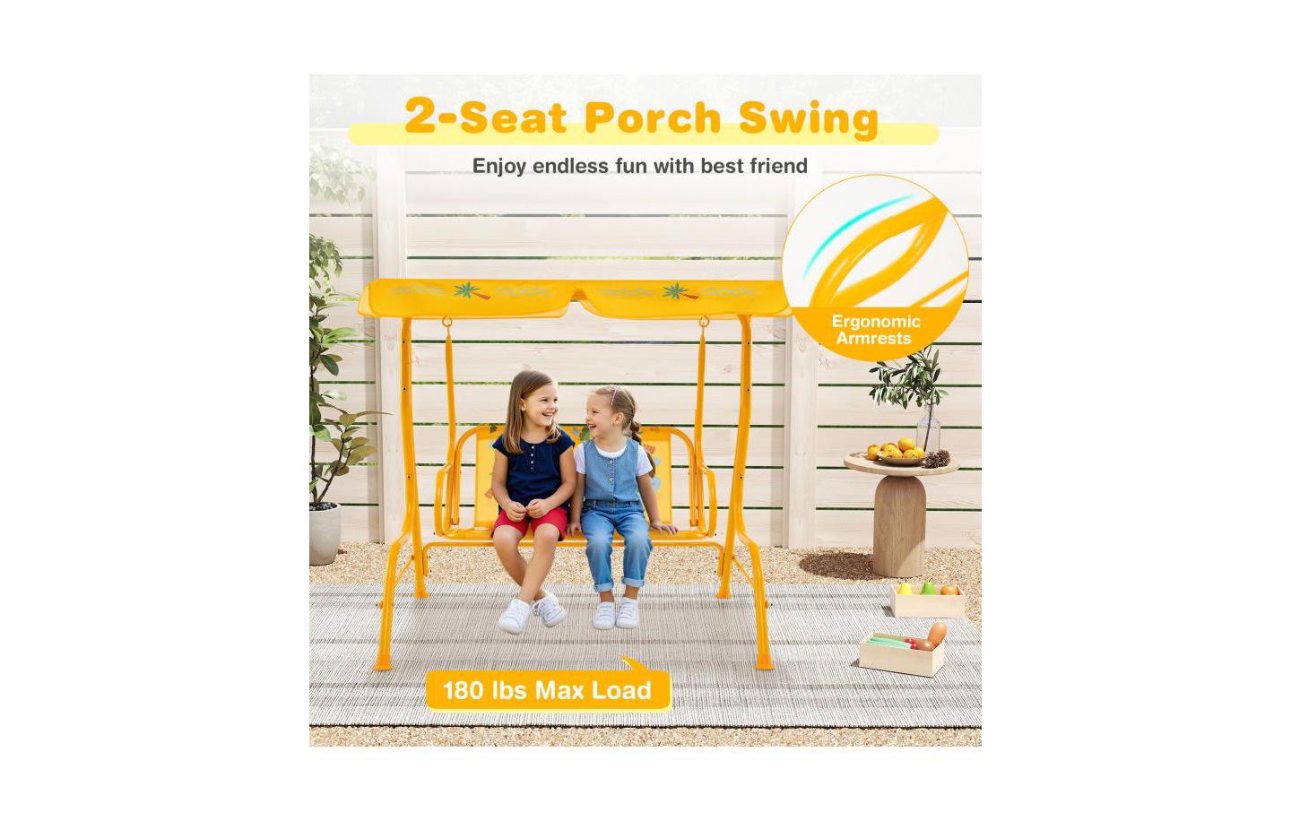 Детская игрушка HONGGE 2-Seater Metal Stand Kids Patio Swing with Adjustable Canopy, Up to 180 lbs, Ages 3+, цвет: Жёлтый — фото 8