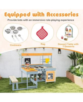 Fir Wood Play Kitchen with Picnic Table and Built-in Bench for Kids