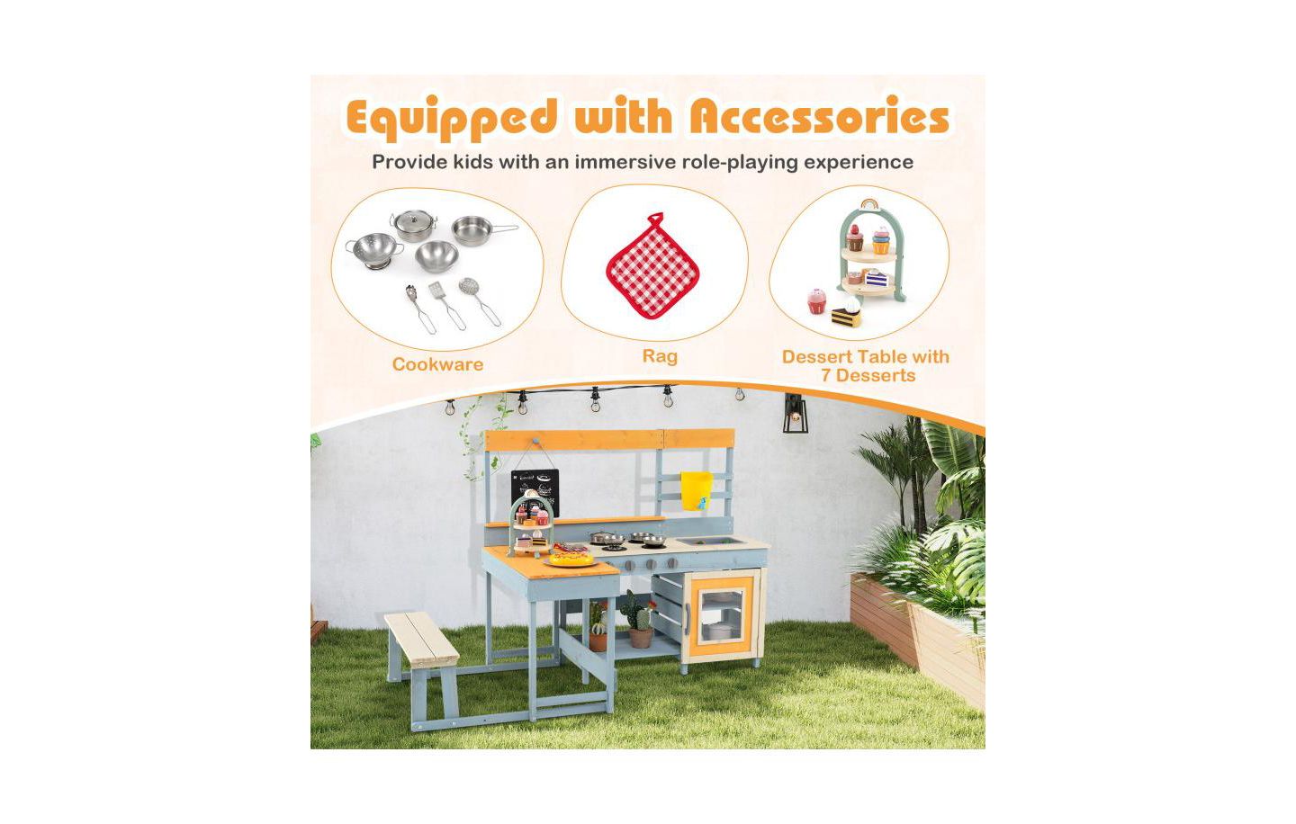 Детская игрушка HONGGE Fir Wood Play Kitchen with Picnic Table and Built-in Bench for Kids, цвет: Серый — фото 7