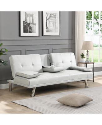 Convertible Futon Sofa Bed, Reversible Loveseat Daybed with 2 Cup Holder, Wood Frame and Stainless Legs for Living Room