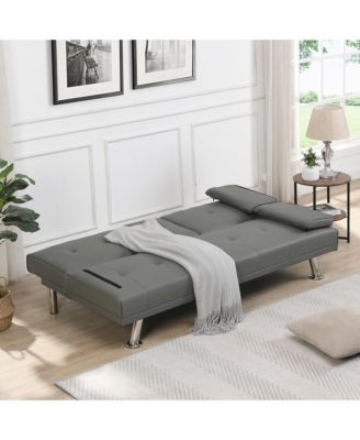 Convertible Loveseat Futon Sofa Bed, Reversible Sleeper Daybed with Dual Cup Holders, Wood Frame and Stainless Steel Legs for Living Room