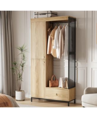 78.9" Armoire Wardrobe Closet with Shelves and Hanging Rod, Large Fixed Compartment for Bedding & Luggage, Open Design of the Hanging Area